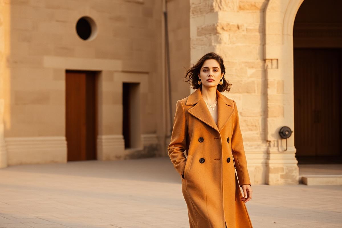 Woman in a camel wool coat walking past pale stone architecture in Amman at golden hour