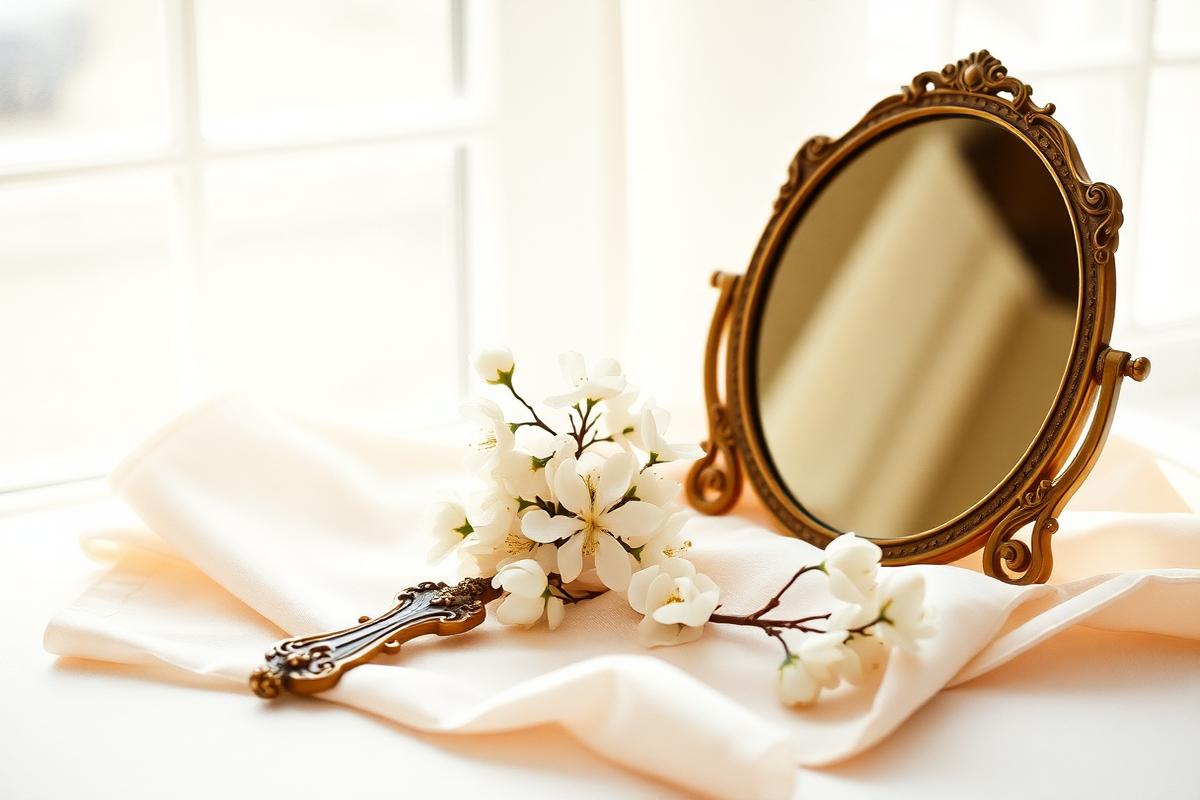 Antique gold hand mirror, pearl earrings and a folded silk veil on ivory linen in soft window light