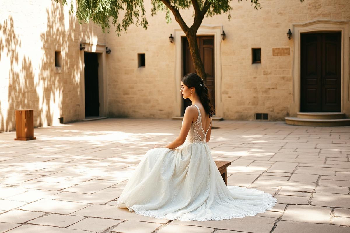 Bride seated in a sunlit stone courtyard wearing a restored vintage lace gown, olive tree shadows on the wall