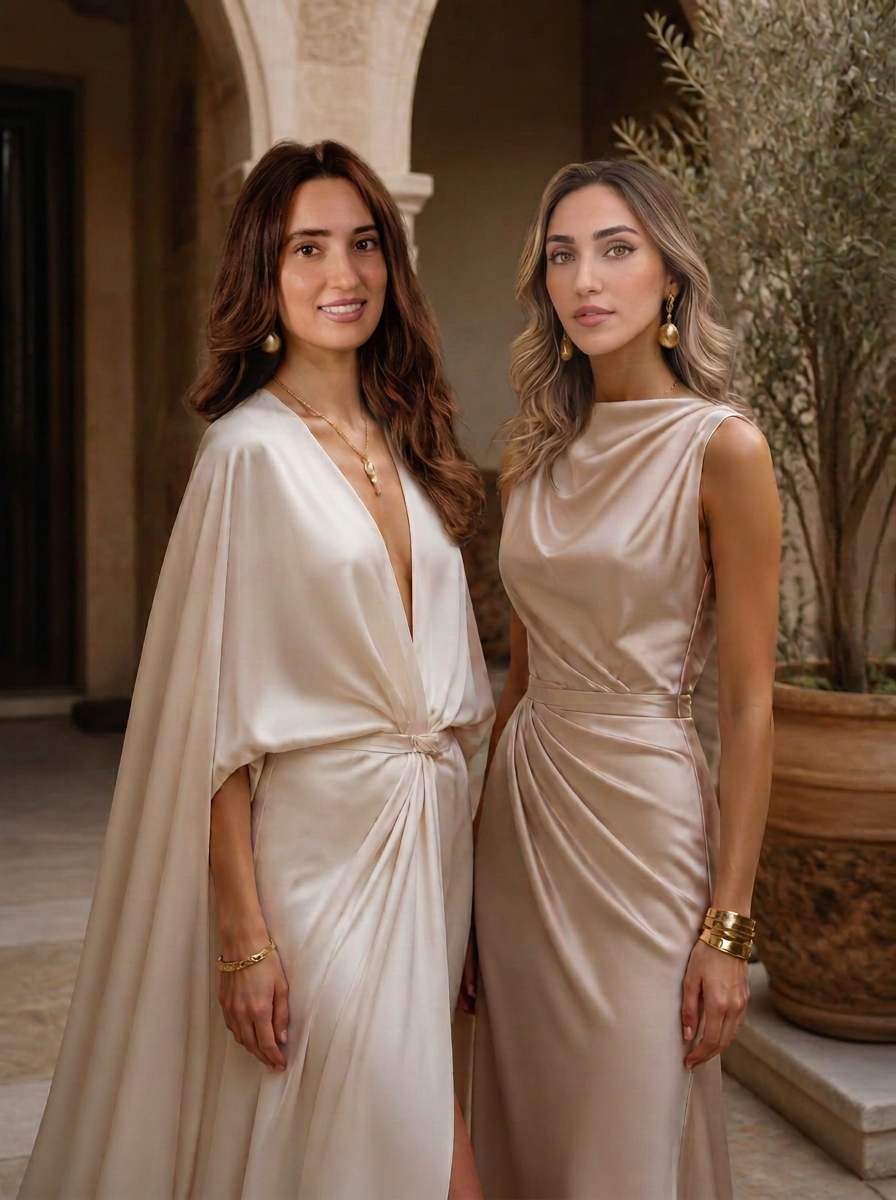 Lana, in ivory, and Lara, in champagne, founders of Ammanista, in a sunlit Levantine courtyard